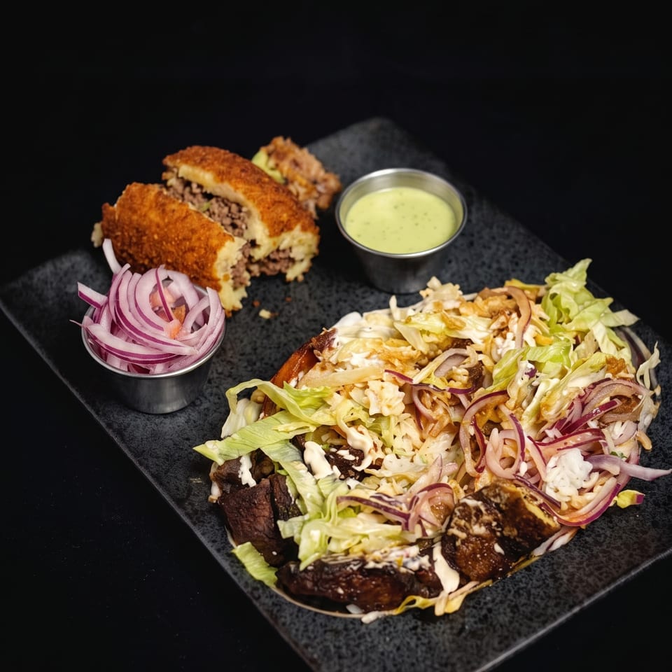 A black plate with a large taco, a side of red onions, a green dipping sauce, and two croquettes.