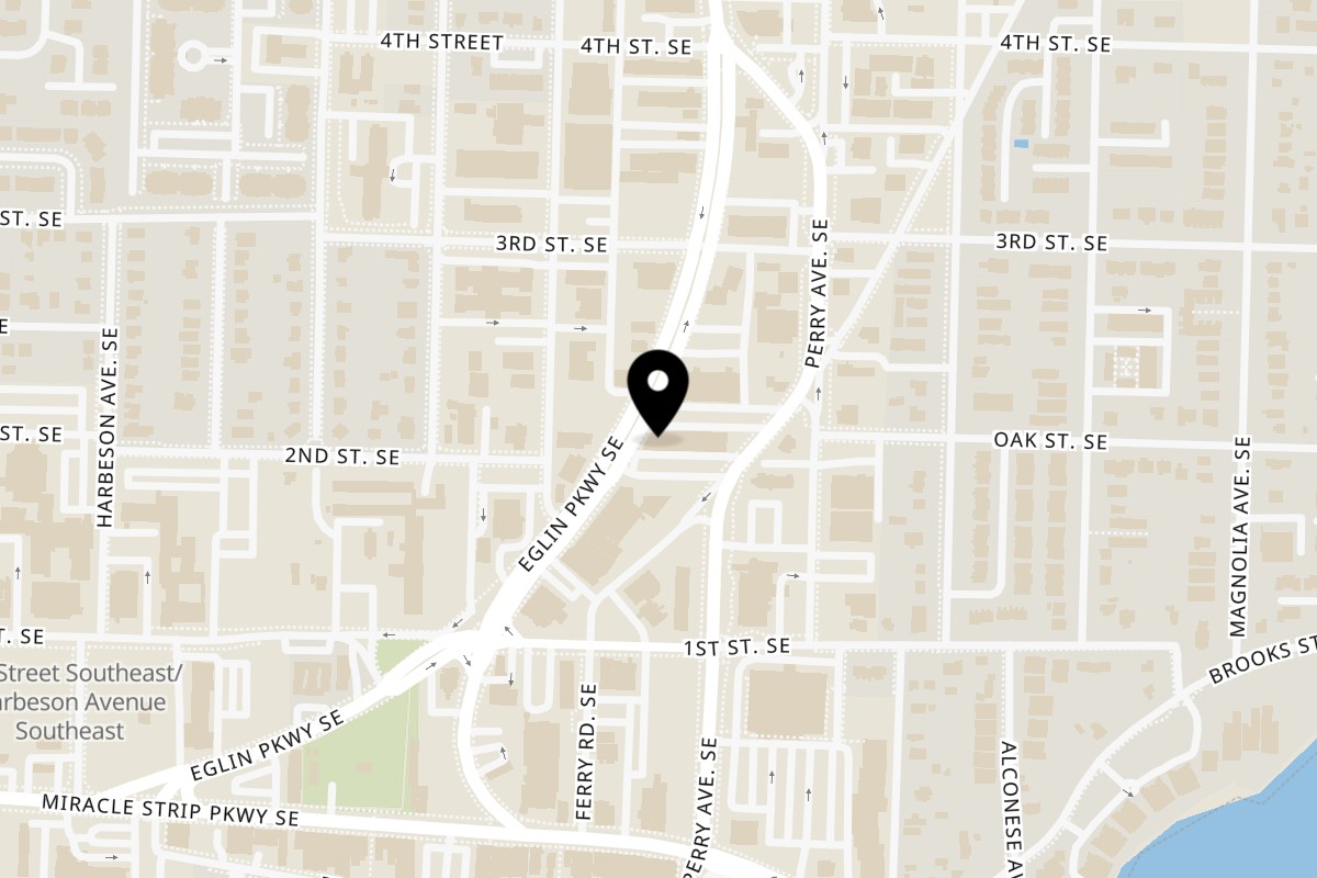 Map showing the location of 380 Peruvian Bistro on 125 Eglin Pkwy SE in Fort Walton Beach